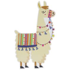 a white llama with colorful stripes on it's back