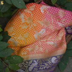 Purple, Pink & Orange Pure Georgette Shikargah Banarasi Dupatta - Khinkhwab Birds Motifs, Orange Dupatta, Bird Motif, Ethnic Looks, Silk Dupatta, Birds Of Paradise, Cut Work, Indian Bridal, Sheer Fabrics