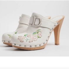 Size 39 New With Tag Box And Dust Bag Included Heel 4" Platform 1" Runs Little Bit Small Like Size 8.5 Or 8 Smoke Free Embroidery Heels, Christian Dior Shoes, High Heel Clogs, Leather Embroidery, Heeled Mule, Mule Sneakers, Clog Heels, Mary Jane Pumps, Dior Shoes