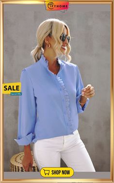 Sky Blue Solid Color Lace Frilled Trims Long Sleeve Shirt Fitted Blue Solid Color Shirt, Light Blue Solid Color Shirt For Spring, Light Blue Spring Office Shirt, Light Blue Office Shirt For Spring, Chic Blue Fall Shirt, Light Blue Shirt For Office In Spring, Light Blue Shirt For Office, Spring Season, Blue Fall Blouse For Office, Blue Solid Color Blouse For Fall