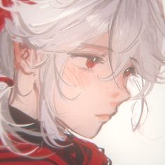 an anime character with white hair and red eyes looking to the side in front of him