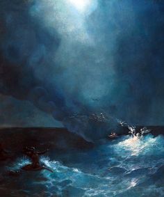 an oil painting of a boat in the ocean under a full moonlit sky with dark clouds