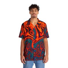 Hawaiian Shirts - Men's Pulsating Sunset Hawaiian Shirt - Acid Daddy Multicolor Casual Tops For Concert, Casual Multicolor Tops For Music Festival, Casual Multicolor Tops For Concert, Casual Tops With Graphic Print For Festivals, Casual Graphic Print Tops For Festivals, Summer Concert Short Sleeve Shirt, Casual Red Festival Shirt, Casual Red Shirt For Festivals, Red Relaxed Fit Top For Festival