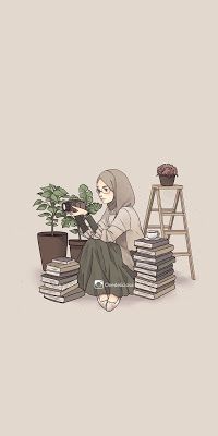 a woman sitting on the floor next to a pile of books and a potted plant