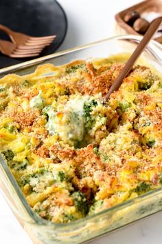 a casserole dish with broccoli and cheese