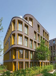 an apartment building with many windows and plants in the foreground, on a sunny day