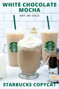 starbucks white chocolate mocha hot or cold is served in glasses with whipped cream on top