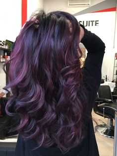 Blackberry Highlights On Brown Hair, Purple Hair For Dark Hair, Dark Brunette Balayage Hair Purple, Violet Bayalage Hair, Purple On Dark Hair, Blackberry Hair Colour With Highlights, Dark Hair With Purple Undertones, Dark Purple Highlights Dark Hair, Violet Highlights On Dark Hair