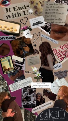 the collage is made up of photos and words, including an image of a woman's face