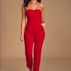 Lulus Medium Brand New Jumper Chic Red Strapless Jumpsuit For Spring, Red Strapless Jumpsuit For Parties, Red Strapless Jumpsuits And Rompers For Party, Fitted Strapless Jumpsuits And Rompers With Pockets, Elegant Red Strapless Jumpsuit For Date Night, Fitted Party Jumpsuits And Rompers With Pockets, Chic Red Strapless Jumpsuits And Rompers, Red Strapless Jumpsuit For Spring Night Out, Red Strapless Jumpsuit For Night Out In Spring