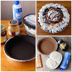 four different pictures with chocolate, marshmallows and whipped cream in them on the table