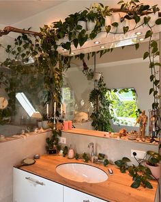 a bathroom with plants growing on the wall and mirror above it, along with a sink