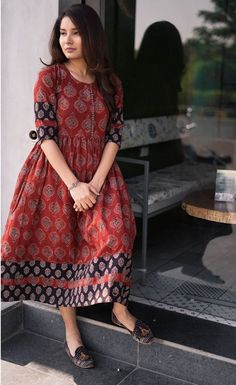 This Brand Has the Best Ethnic Long Dresses • Keep Me Stylish Frocks For Women Casual Frocks For Women, Ajrakh Frock Designs, Kalamkari Dresses Kurti, Kalamkari Kurti Designs, Cotton Frock Designs For Women, Casual Frocks For Women, Stylish Long Tops For Women, Ajrakh Dresses, Kalamkari Kurti