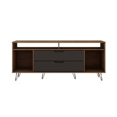 the sideboard with two drawers is shown in black and brown wood, as well as metal legs