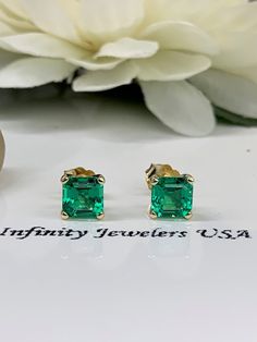 Asscher Cut Ladies Earring / Emerald Stud Earring / Mother's Day Gift / Everyday Earring / Gift Ideas For Her / 14k Yellow Gold / #6150 #BirthdayGift #UniqueSetting #LadiesGift #GiftIdeasForHer #MothersDayGift #AnniversaryGift #BridalGift #EmeraldEarrings #StudEarrings #AsscherCutEarrings Classic Green Earrings For May Birthstone, Green Octagon Earrings For Formal Occasions, Gia Certified Octagon May Birthstone Jewelry, Green Prong Set Earrings As Gift, Green Prong Setting Earrings For Gift, Emerald Earrings With Diamond Cut For Gift, Emerald Diamond Cut Earrings Gift, Green Earrings With Prong Setting As Gift, Gia Certified Green Earrings In Fine Jewelry Style