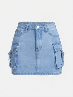 SHEIN Teen Girl Flap Pocket Denim Skirt | SHEIN USA Light Wash Denim Skirt, Mini Denim Skirt With Side Pockets, Casual Denim Skort With Pockets, Denim Skort With Pockets, Casual Denim Blue Skort With Pockets, Casual Denim Cargo Skirt In Blue, School Denim Bottoms With Pockets, Denim Bottoms With Pockets For School, Y2k Denim Skort With Pockets