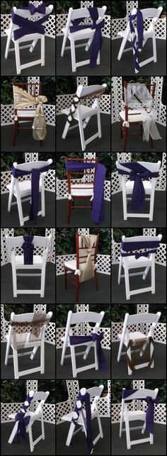 multiple pictures of different chairs and tables with blue sashes on each chair, one in the same color