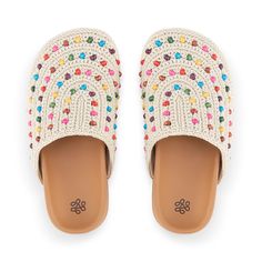 The Sak Bolinas Crochet Clog - Kids - |Hand Crochet - Ecru Multi Beads| Kids Clogs, Cotton String, Backless Design, The Sak, Kids Hands, Crochet Details, Rainbow Pattern, Market Bag, Retro Vibe