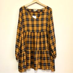 Flannel Tunic Tiered Dress Size S Nwt By Ee:Some Long Sleeve Mustard Yellow Blue/Yellow 100% Rayon Loose Fit Super Cute! See All Pictures For Details New With Tags Yellow Long Sleeve Dress For Fall, Yellow Cotton Dress For Fall, Yellow Casual Mini Dress For Fall, Casual Mustard Dress For Fall, Mustard Casual Dress For Fall, Yellow Mini Dress For Fall Brunch, Casual Yellow Long Sleeve Mini Dress, Mustard Dress For Fall Brunch, Mustard Dresses For Fall Brunch