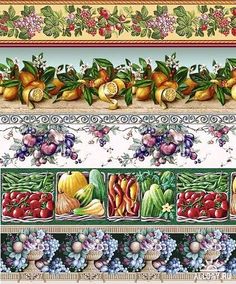 a bunch of fruits and vegetables on a wallpaper border with leaves, berries, lemons, oranges, grapes