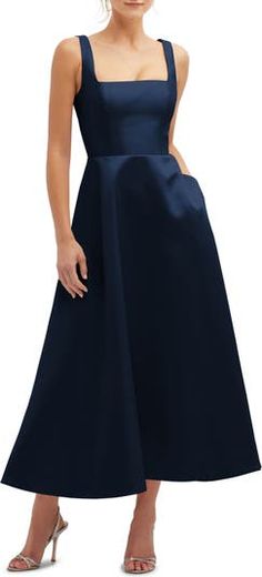 Formal Evening Wedding Guest Dress, Midi Gown, Midi Gowns, Dessy Collection, Guest Attire, Square Neck Dress, Full Circle Skirts, Dress Crafts, Satin Gown