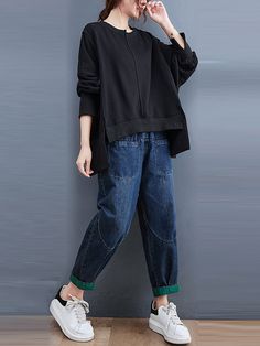 Sku CY-!108570 Material >70%Cotton Style Loose , Long Sleeves Feature Solid Color Neckline Round-neck Occasion Casual , Simple Seasons Autumn , Winter Type Hoodies&sweatshirt Tops Color BLACK Size One_size Please consult the size chart we provide for this item's measurements to help you decide which size to buy.Please note: There may be 1-3cm differ due to manual measurement. CMINCH Bust Top Length One_size 150 52-63 Beach Blouse, Seasons Autumn, Winter Typ, Drape Maxi Dress, Blouse Pants, Midi Dress Casual, Maxi Knit Dress, Online Tops, Cotton Style