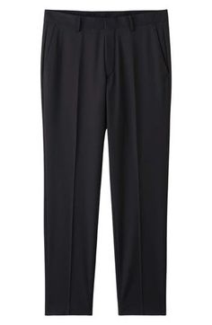 A slim fit defines these wool-kissed dress pants that offer just enough stretch for day-one comfort. 31" inseam; 13 1/2" leg opening; 10 1/2" front rise; 16" back rise (size 32 US/ 48 EU) Partially lined 54% recycled polyester, 44% wool, 2% elastane Dry clean Made in Turkey This product meets Nordstrom Sustainably Sourced Materials criteria: contains at least 30% sustainably sourced materials Slim Fit Ankle-length Dress Pants For Fall, Stretch Ankle-length Dress Pants For Semi-formal Occasions, Stretch Dress Pants For Work With Straight Hem, Stretch Dress Pants For Business In Fall, Black Bottoms With Welt Pockets Straight Silhouette, Black Bottoms With Welt Pockets And Straight Silhouette, Business Ankle-length Dress Pants, Fall Business Casual Elastane Dress Pants, Classic Stretch Bottoms With Straight Silhouette