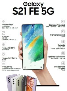 an advertisement for the new samsung s1e5g phone, with different colors and features