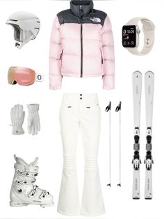 an assortment of ski equipment including snowboards, gloves and goggles are displayed on a white background