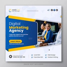 a blue and yellow business flyer with an image of two women on computers in the background