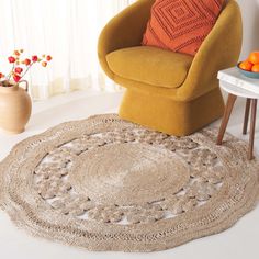 a chair and table with oranges on it