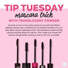 Check out this tip about maximizing volume on your lashes! Did you know this trick about using translucent powder with your mascara?! 😱 Have you tried this? 🤩 Mary Kay Mascara Products, Tip Tuesday Mary Kay, Mary Kay Tip Tuesday, Pink Escalade, Mary Kay Pink Friday, Mary Kay Display, Mary Kay Director, Mary Kay Flyers, Mary Kay Mascara