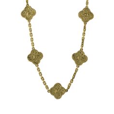 Add a touch of ornamental charm with our 'Alhambra' style quatrefoil necklace. Crafted in yellow gold, it features beautiful designs inspired by Van Cleef and Arpels' Alhambra line. Luxury Gold Filigree Necklace, Luxury Yellow Gold Necklaces With Intricate Design, Elegant Engraved Flower Necklaces, Elegant Engraved Flower Shape Necklaces, Van Cleef Alhambra, Van Cleef And Arpels, Van Cleef, Long Necklace, Beautiful Design