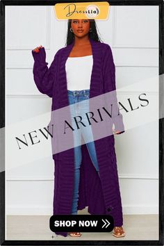 Winter Crochet Loose Long Twist Sweater Cardigan Casual Long Purple Outerwear, Winter Purple Open Front Cardigan, Purple Open Front Cardigan For Fall, Purple Long Sleeve Sweater Coat For Fall, Purple Open Front Winter Outerwear, Long Purple Cardigan For Fall, Purple Open Front Outerwear For Fall, Purple Fitted Cardigan For Fall, Fitted Purple Cardigan For Fall