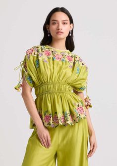 Lime Green Floral Cutwork Ruched Top by Chandrima available on Indiaspopup.com Festive Floral Embellished Summer Top, Green Tops With Resham Embroidery For Spring, Green Resham Embroidered Top For Spring, Festive Green Embroidered Top With Resham Embroidery, Festive Green Embroidered Floral Top, Festive Green Floral Embroidered Top, Green Embroidered Top For Summer, Embroidered Pista Green Summer Dress, Spring Pista Green Dress With Floral Embroidery