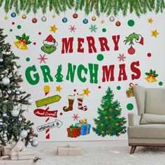 a christmas tree and presents in front of a wall with the words merry grinmas on it