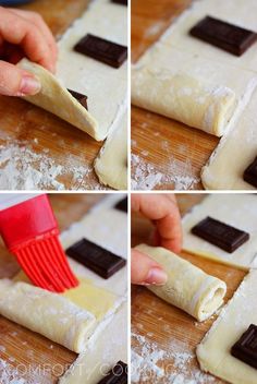 the process of making chocolate - covered pastries is being made by rolling out dough