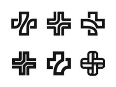 four different types of black and white logos, each with an abstract design in the middle