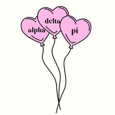 three pink heart shaped balloons with the words delta and pi written in black on them