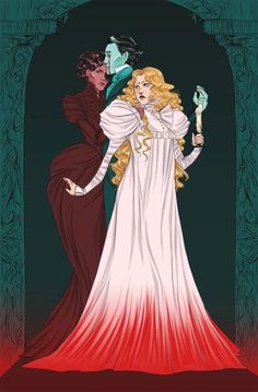 an illustration of two women dressed in white and red, one with long blonde hair