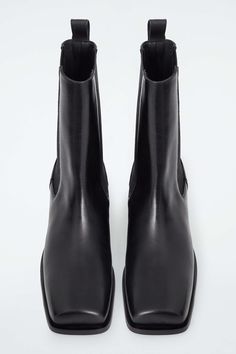 SQUARE-TOE LEATHER CHELSEA BOOTS - BLACK - Shoes - COS Cuban Heels, Black Chelsea Boots, Shoe Fits, Leather Chelsea Boots, Boots Black, Leather Working, Black Boots, Black Shoes, Chelsea Boots