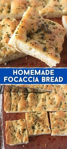 homemade focaccia bread is cut into squares and placed on a cutting board