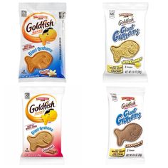 four bags of goldfish crackers are shown in three different colors and flavors,