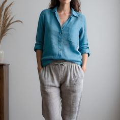 Women's Linen Shirt Harbor in Blue, Crafted with premium quality blue 100% pure linen, is the perfect blend of luxury and durability. This summer essential offers the perfect fit for any body type. Available in plus sizes. Experience the unparalleled comfort, style, and craftsmanship that define our brand. Blue Shirt Outfit, Natural Buttons, Linen Shirts Women, Linen Pajamas, Linen Shirt Men, Summer Essential, Summer Blue, Pajama Set Women, Dress Pant