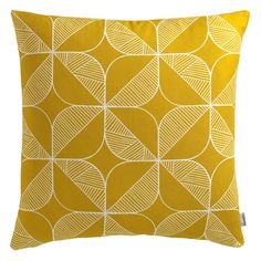 a yellow and white pillow with an abstract design on the front, featuring overlapping leaves