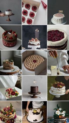 a collage of different cakes and desserts