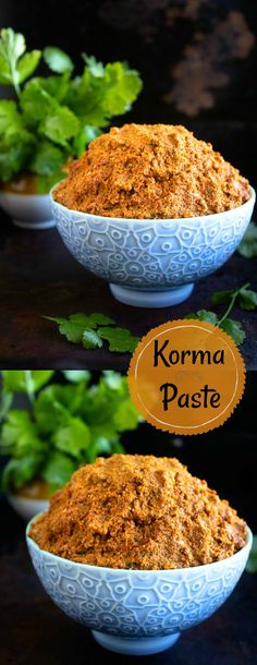 two bowls filled with food sitting on top of a table next to each other and the words korma paste above them