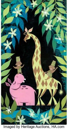 an illustration of two giraffes and a pink elephant in the jungle with green leaves