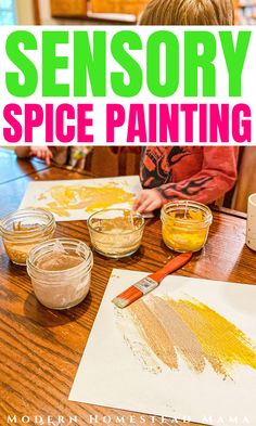 a young boy is painting with yellow and green paint on a piece of paper that says, sensory spice painting