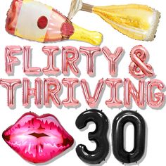 the words flirty and thriving are surrounded by balloons, lipstick, and other items